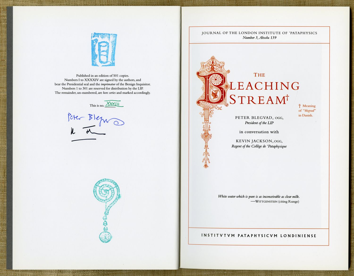 ピーター・ブレグヴァド『漂白する流れ（The Bleaching Stream）』（2011年、London Institute of ‘Pataphysics / Atlas Press）扉